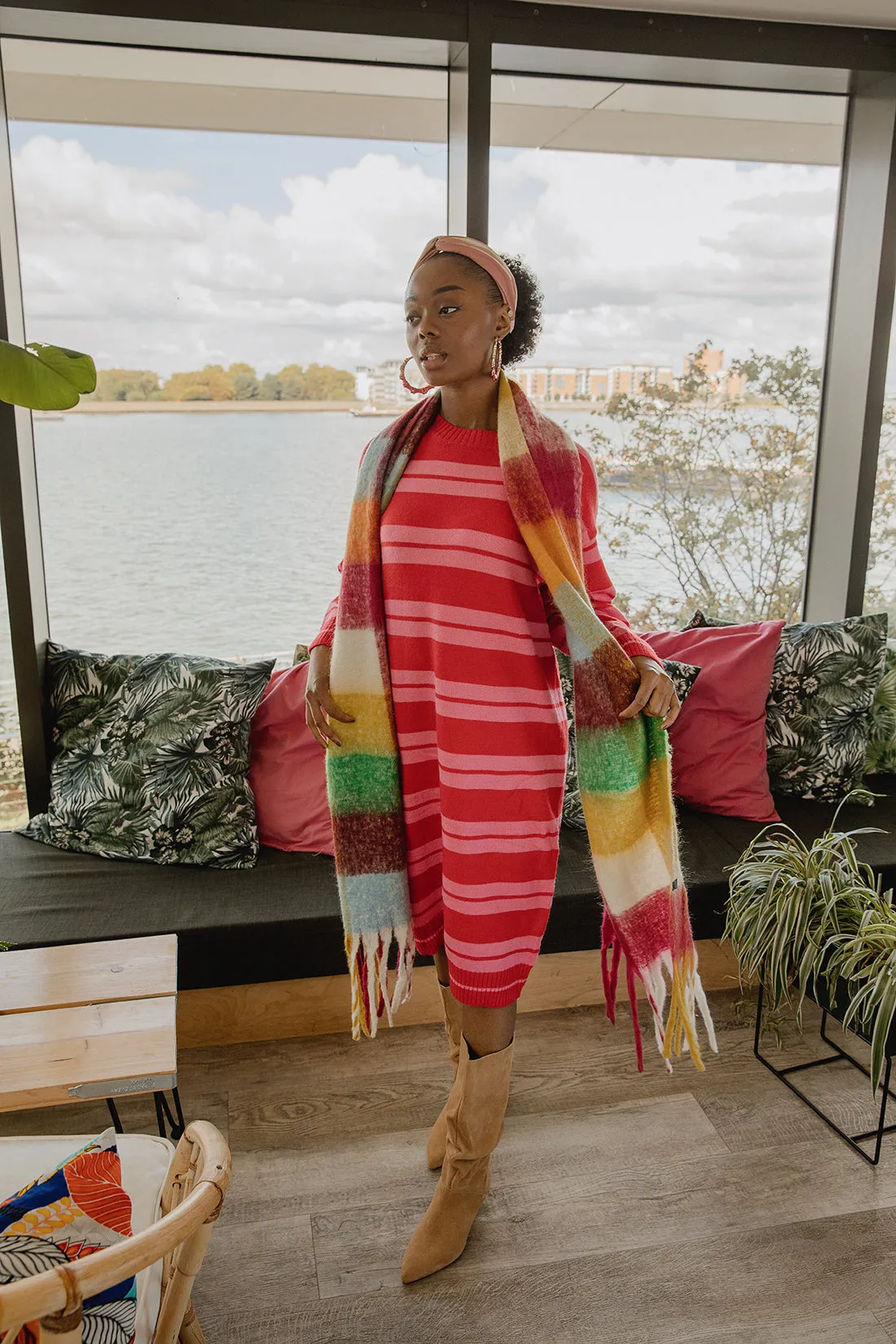 Striped Contrast Knit Relaxed Midi Dress