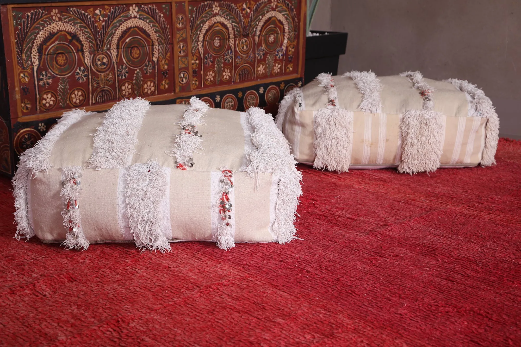 Two berber Poufs Ottoman woven in White