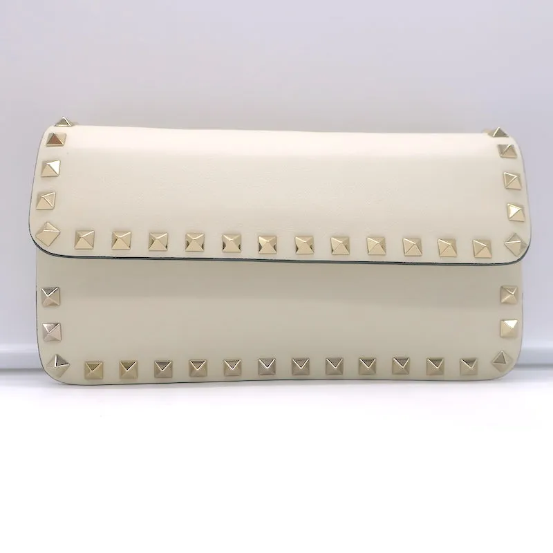 Valentino Rockstud Wallet on Chain Cream Leather Small Clutch Bag