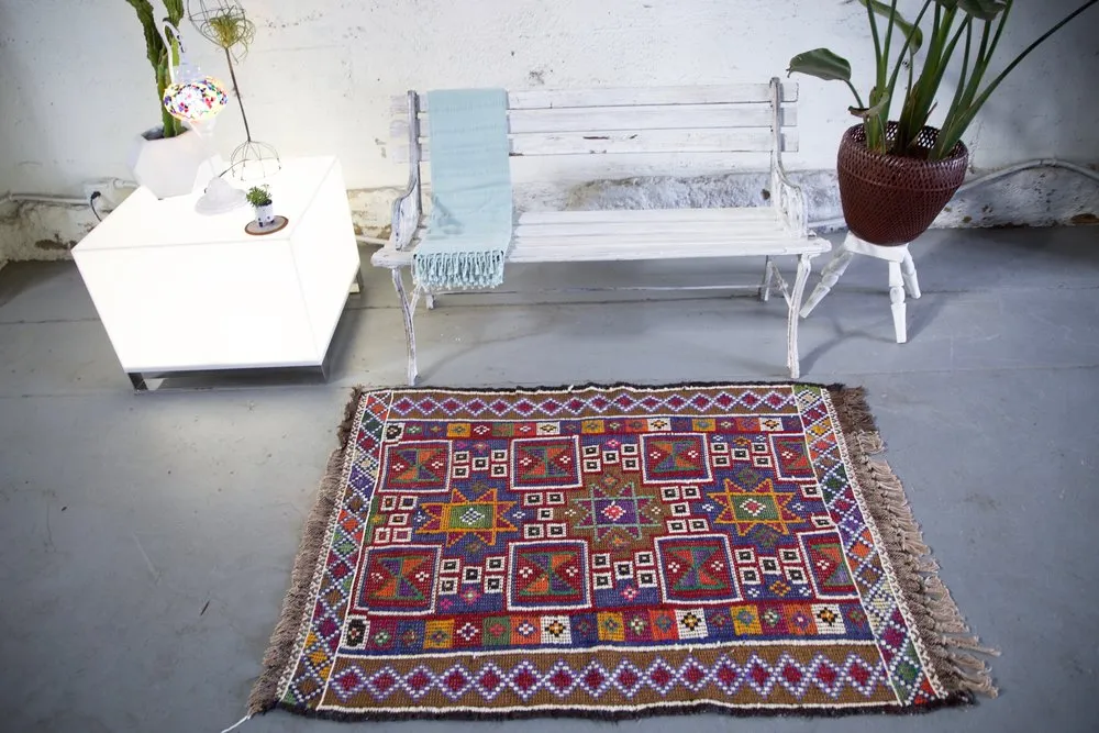 Vintage Mersin Mut Cicim Kilim Rug 3.3ftx4.5ft