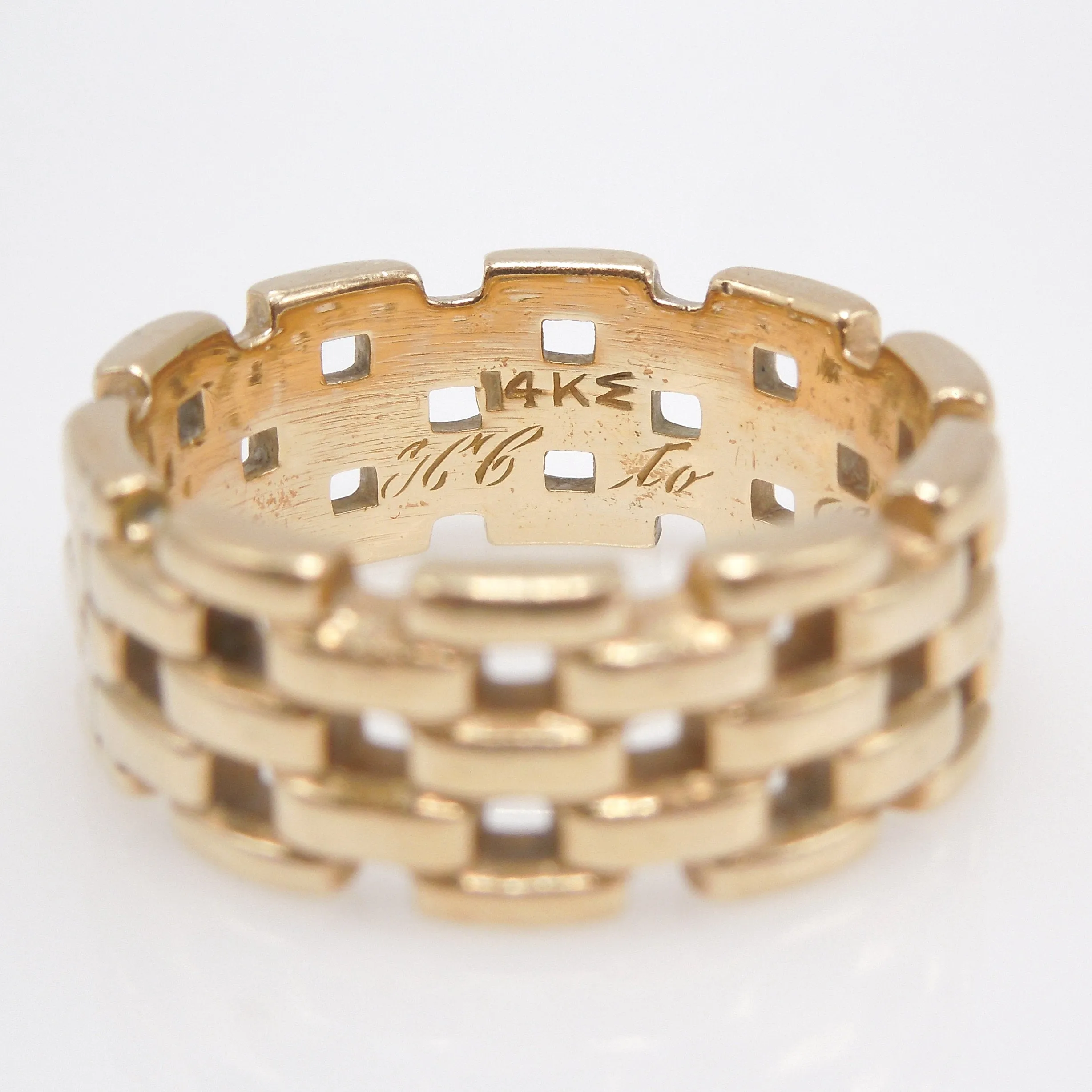 Wide 14K Yellow Gold Geometric Gear Chain Open Band