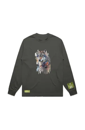 WOLFPACK UNLTD L/S GRAPHIC TEE | SILVER PALE MOON |CYPRESS OLIVE GREEN