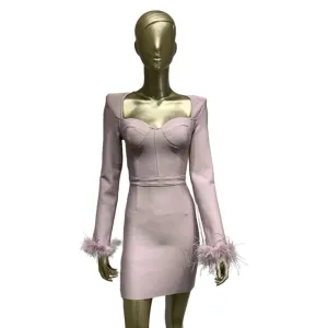 Women'r Sexy Long Sleeve with Feathers Hot Pink / Black Mini Bodycon Bandage Dress Elegant Evening Party Wedding Guest Dress