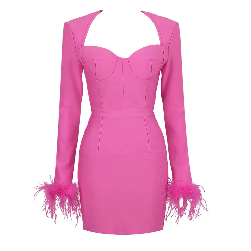 Women'r Sexy Long Sleeve with Feathers Hot Pink / Black Mini Bodycon Bandage Dress Elegant Evening Party Wedding Guest Dress