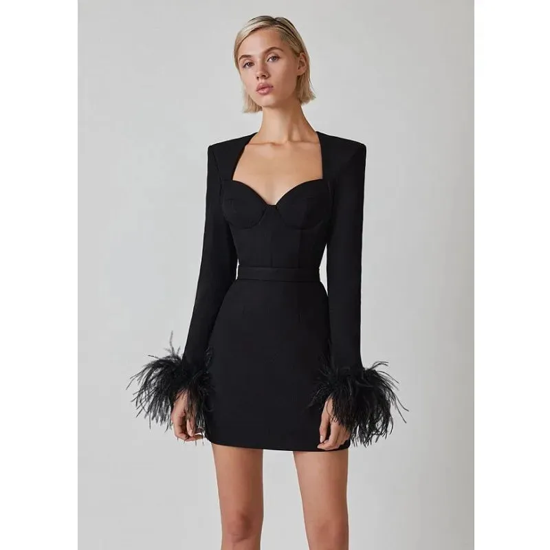 Women'r Sexy Long Sleeve with Feathers Hot Pink / Black Mini Bodycon Bandage Dress Elegant Evening Party Wedding Guest Dress