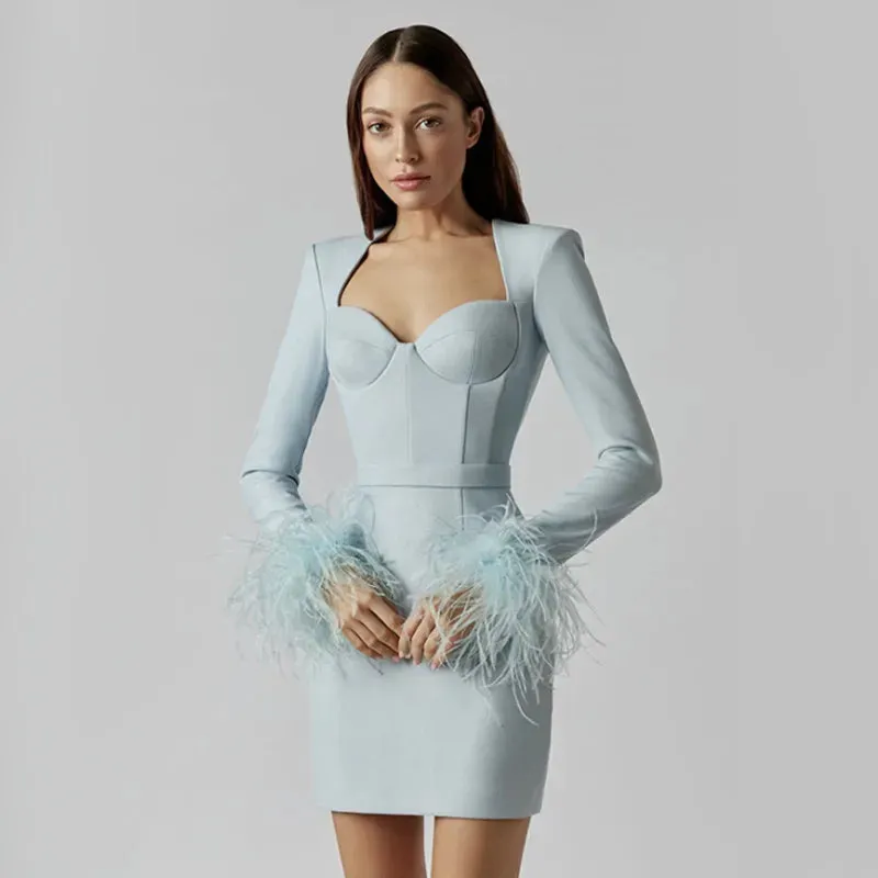 Women'r Sexy Long Sleeve with Feathers Hot Pink / Black Mini Bodycon Bandage Dress Elegant Evening Party Wedding Guest Dress