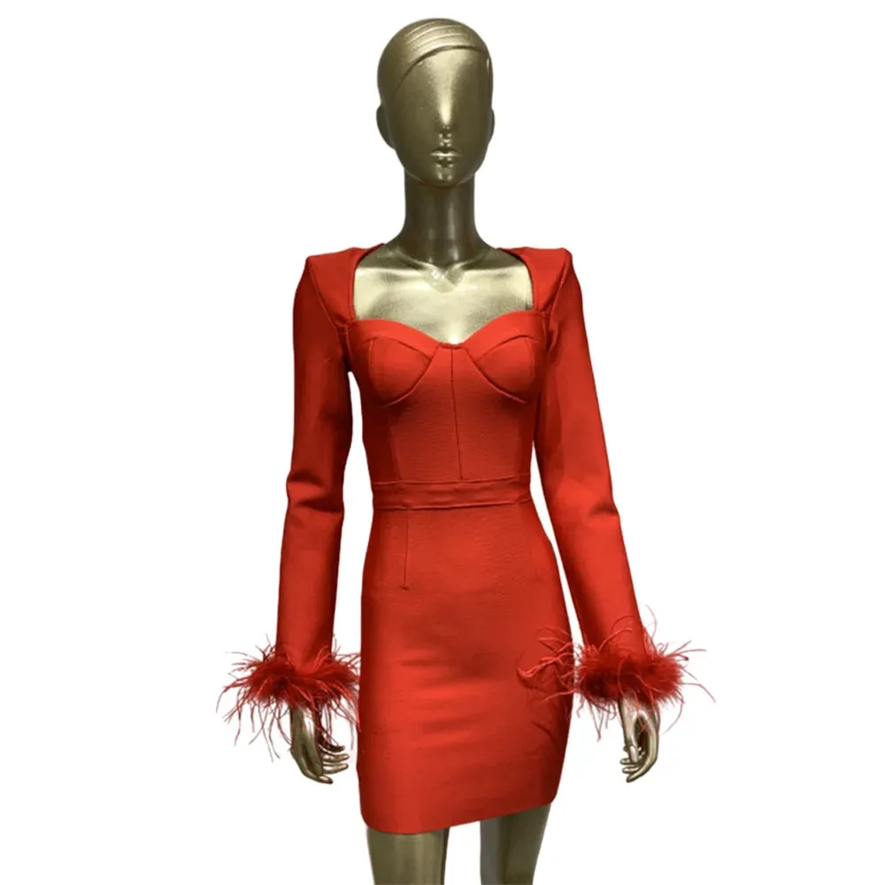 Women'r Sexy Long Sleeve with Feathers Hot Pink / Black Mini Bodycon Bandage Dress Elegant Evening Party Wedding Guest Dress