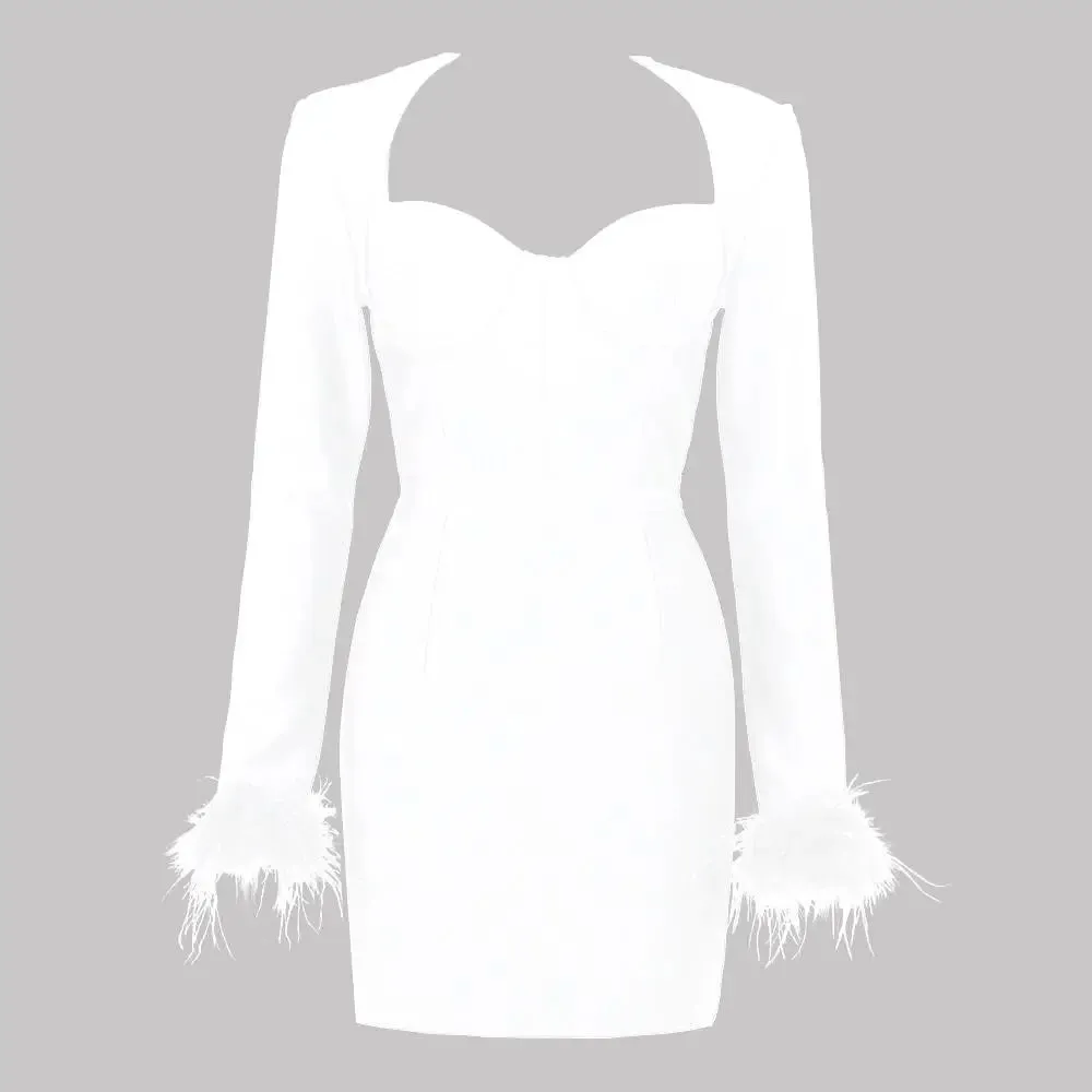 Women'r Sexy Long Sleeve with Feathers Hot Pink / Black Mini Bodycon Bandage Dress Elegant Evening Party Wedding Guest Dress