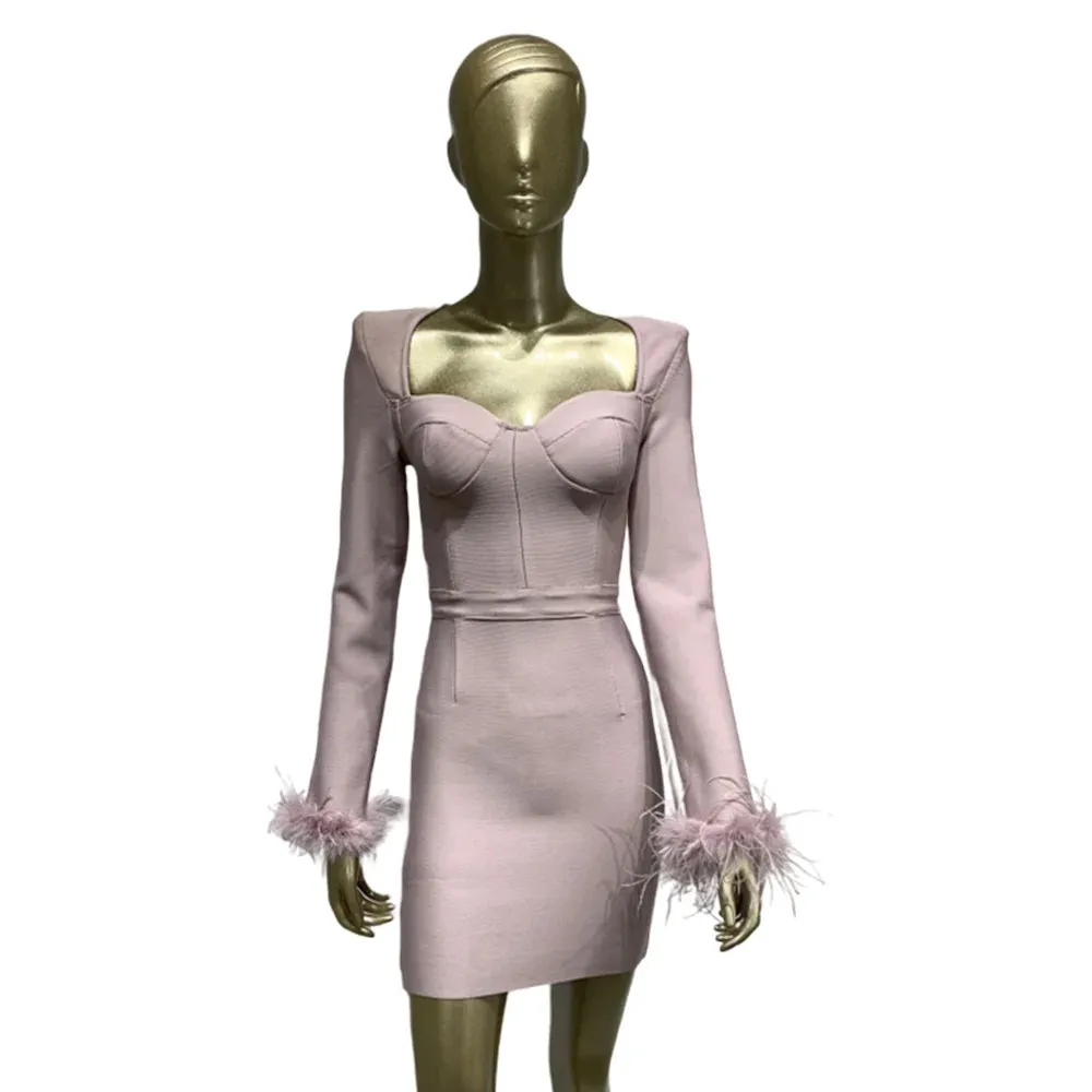 Women'r Sexy Long Sleeve with Feathers Hot Pink / Black Mini Bodycon Bandage Dress Elegant Evening Party Wedding Guest Dress