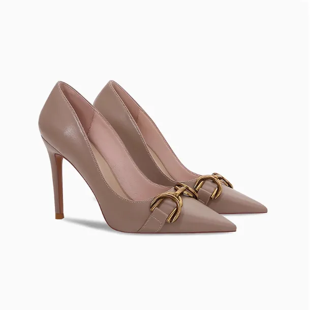 Women's Pointy Leather Heels With Metal Buckle TS275