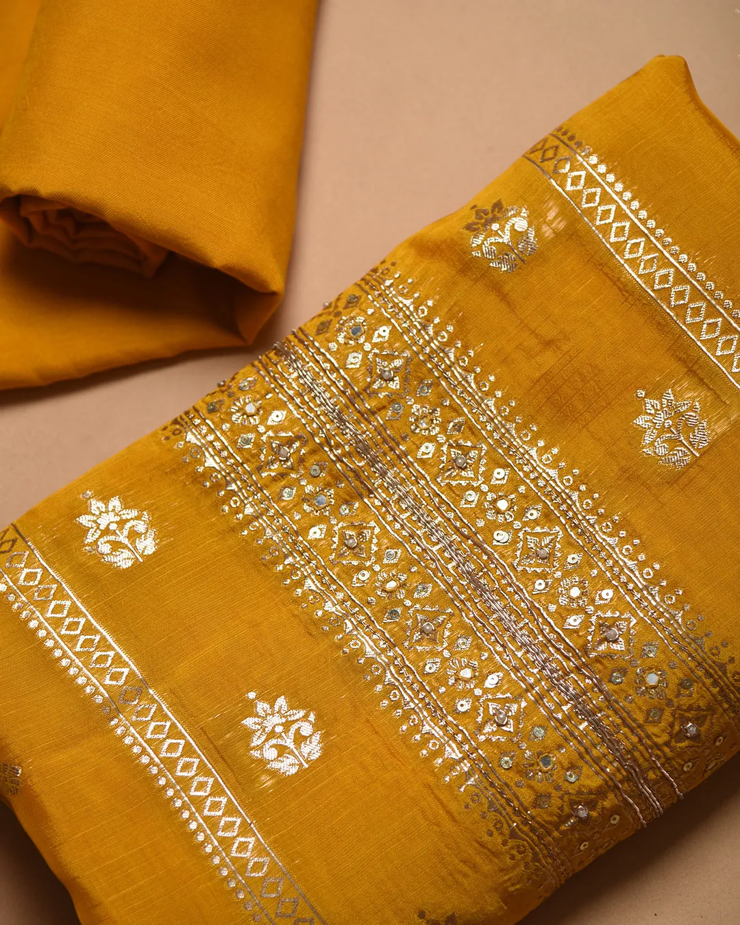 Yellow Organza Blend Woven With Embroidery Unstitched Suit Fabric Set With Oraganza Woven Dupatta