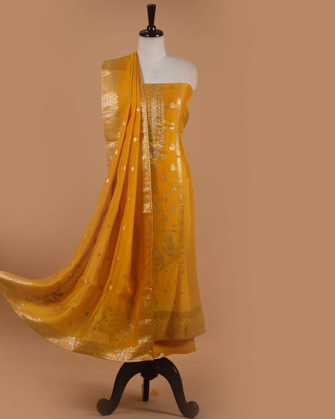 Yellow Organza Blend Woven With Embroidery Unstitched Suit Fabric Set With Oraganza Woven Dupatta